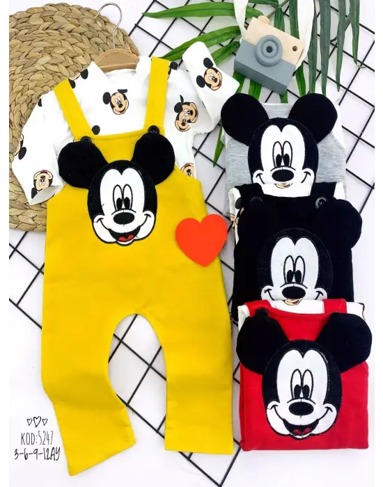 Omarı Mickey Figürlü Uzun Kollu Bebek Salopet Takımı Siyah