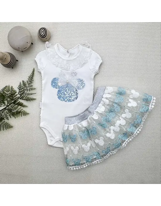 Omarı Mickey Nakışlı Kısa Kollu Etekli 2li Kız Bebek Takımı - Turkuaz