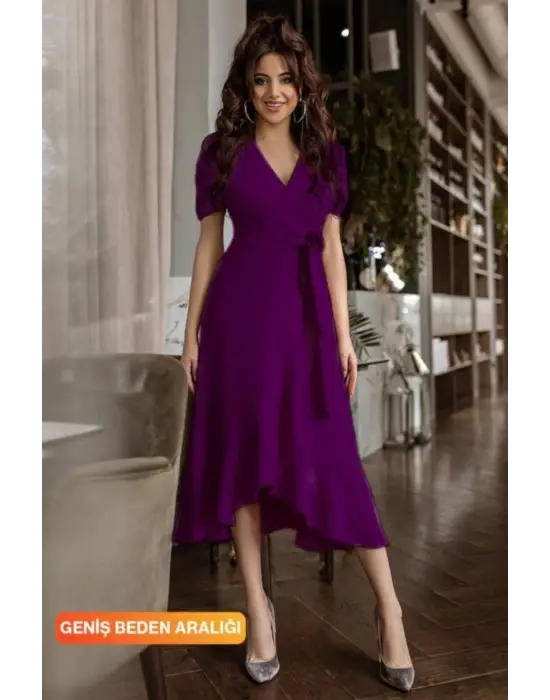 Omarı Zarif Kadın Midi Boy Kruvaze Yaka Elbise