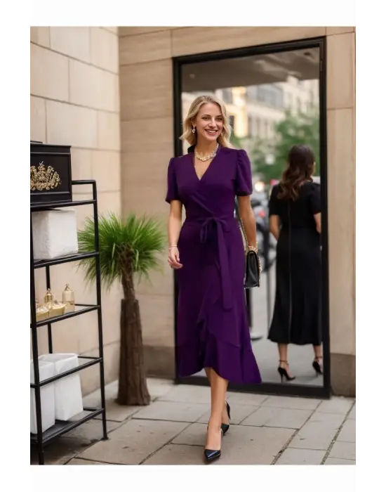 Omarı Zarif Kadın Midi Boy Kruvaze Yaka Elbise