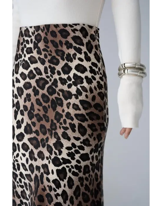 Midi Saten Etek - Leopar