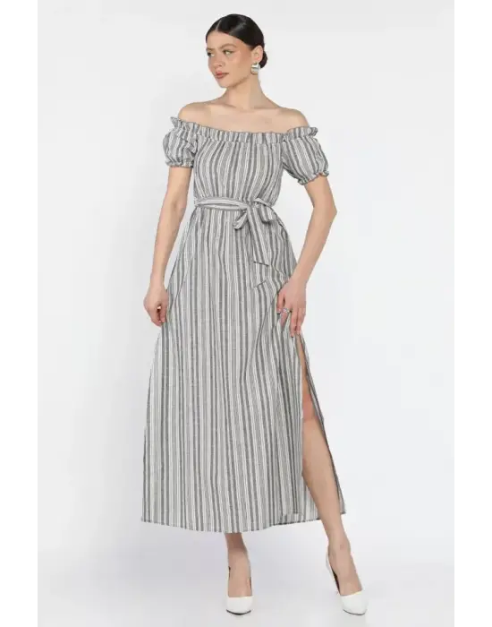 Omarı Midi Yırtmaçlı Keten Elbise