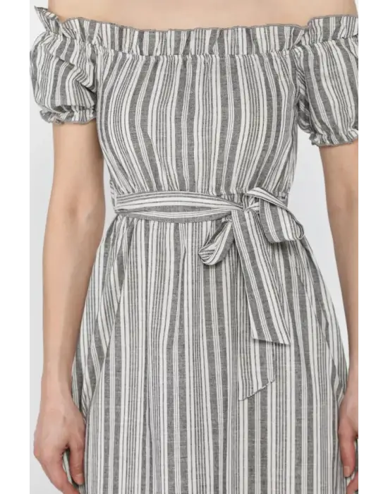 Omarı Midi Yırtmaçlı Keten Elbise