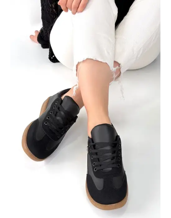 Mier Siyah Cilt Bağcıklı Spor Ayakkabı