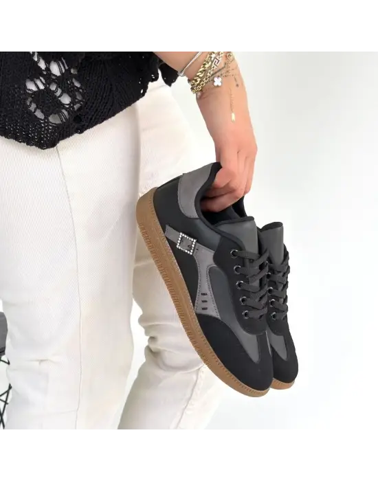 Mier Siyah Cilt Bağcıklı Spor Ayakkabı