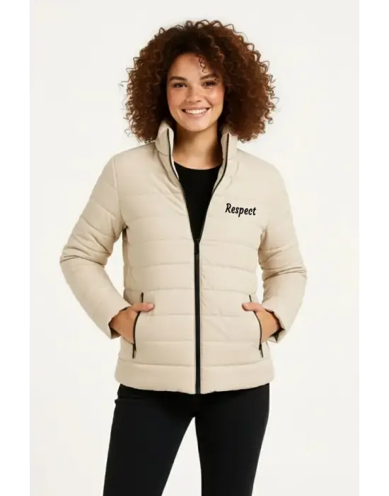 Mikro Su İtici Kapitone Baskılı Astarlı Fermuarlı Bomber Mont - Bej