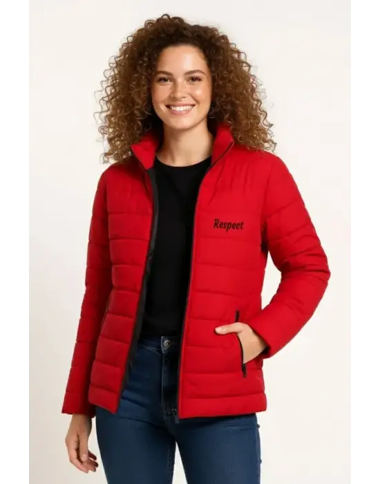 Çarpıcı Kapitone Baskılı Fermuarlı Bomber Mont