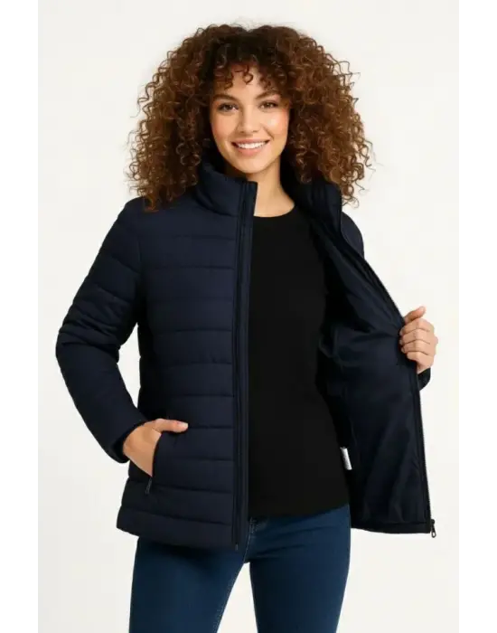 Mikro Su İtici Kapitone Baskılı Astarlı Fermuarlı Bomber Mont - Lacivert