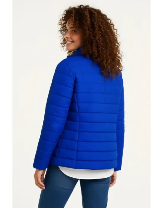 Mikro Su İtici Kapitone Baskılı Astarlı Fermuarlı Bomber Mont - Saks Mavisi