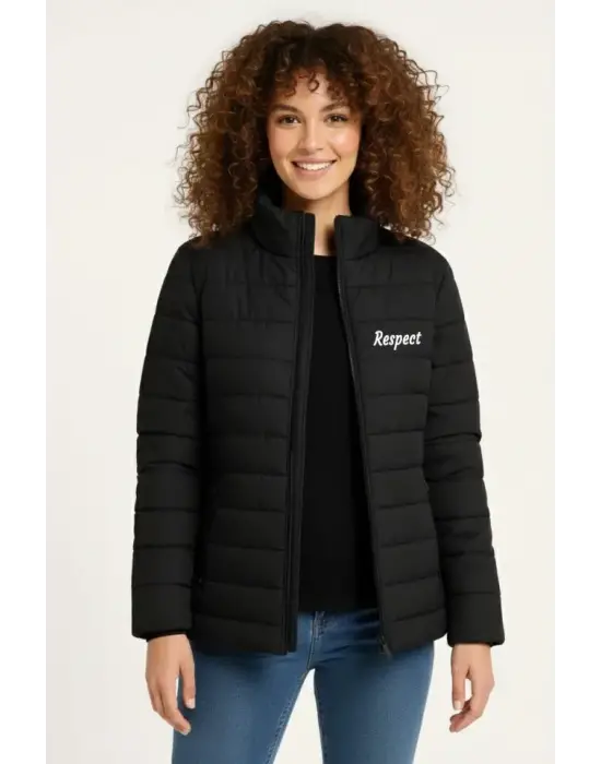 Siyah Kapitone Baskılı Astarlı Fermuarlı Bomber Mont Kadın Giyim