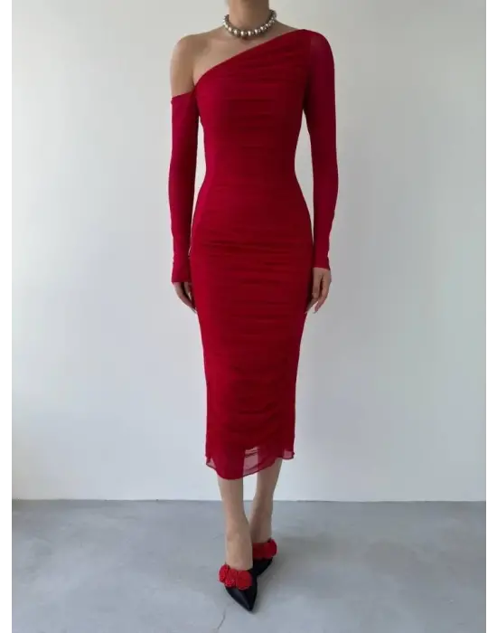 Omarı Zarif Dantel Detaylı Tül Elbise