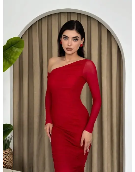 Omarı Zarif Dantel Detaylı Tül Elbise