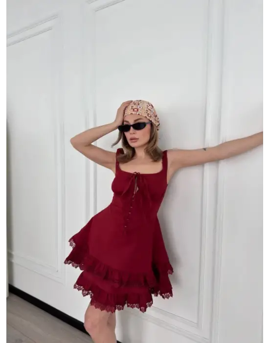 Omarı Bordo Mini Askılı Elbise