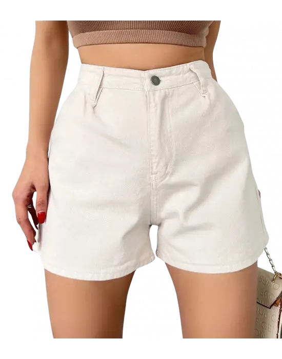 Mini Denim Şort cepli  -KREM