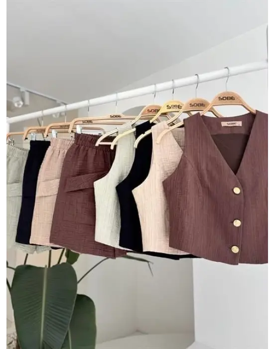Mini Yelekli Şortlu Keten Takım 10176-08