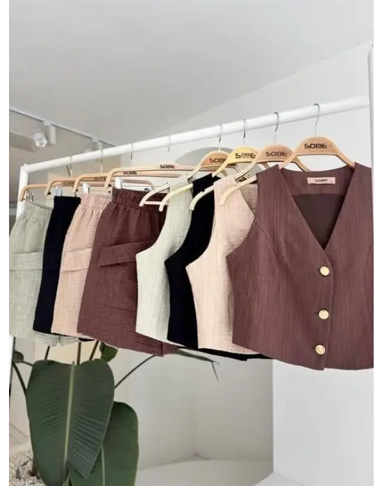 Mini Yelekli Şortlu Keten Takım 10176-08