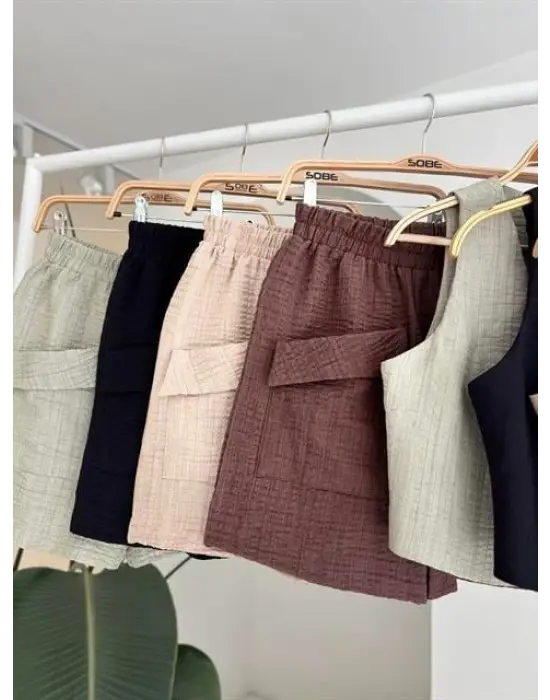 Mini Yelekli Şortlu Keten Takım 10176-08