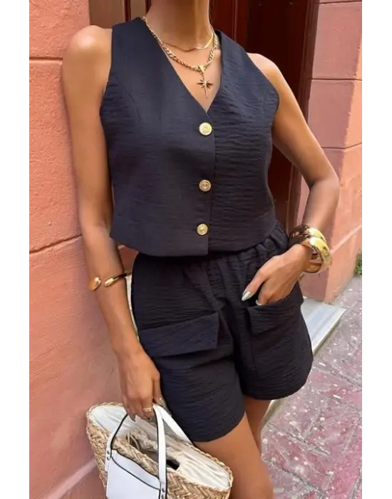 Mini Yelekli Şortlu Keten Takım 10176-08