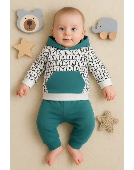 Minik Ayıcıklar Desenli 2li % 100 Pamuk Erkek Bebek Takımı