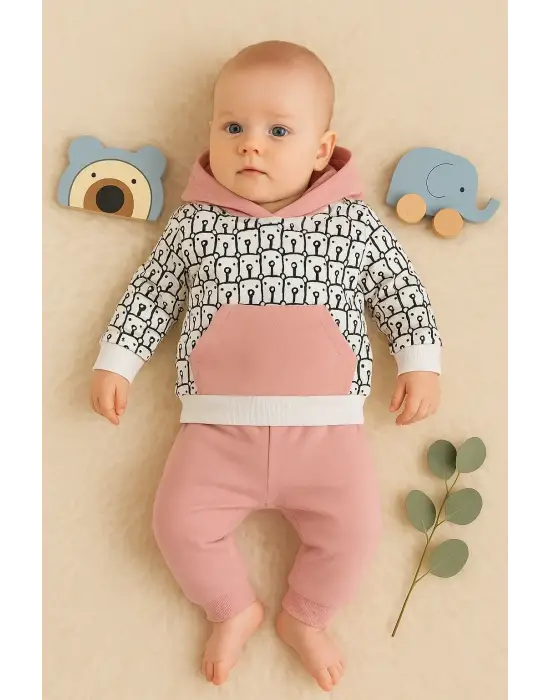 Minik Ayıcıklar Desenli 2li % 100 Pamuk Kız Bebek Takımı