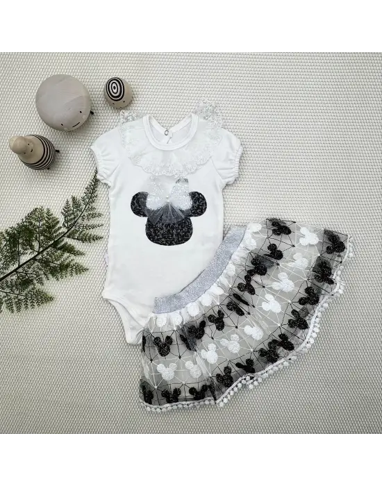 Minimal Payetli Mickey Nakışlı Bebek Takımı