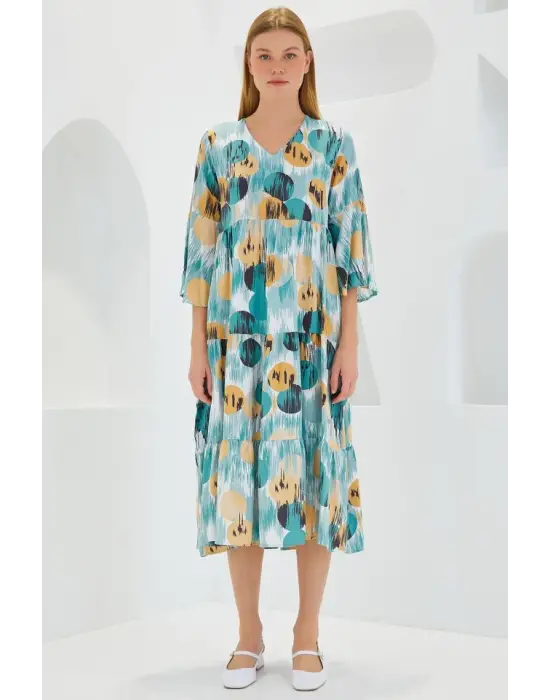 Mint Bej Desenli Kısa Kol Viskon Elbise 1959