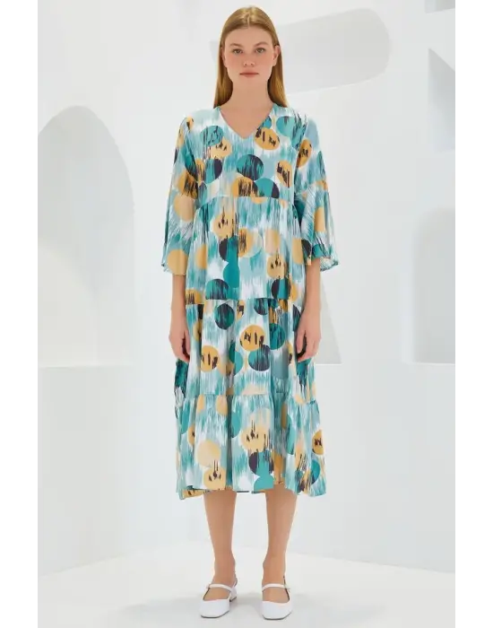 Mint Bej Desenli Kısa Kol Viskon Elbise 1959