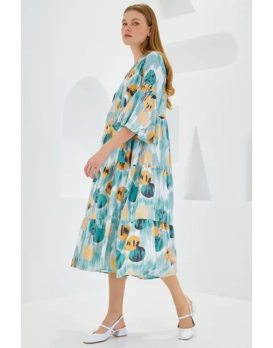 Mint Bej Desenli Kısa Kol Viskon Elbise 1959