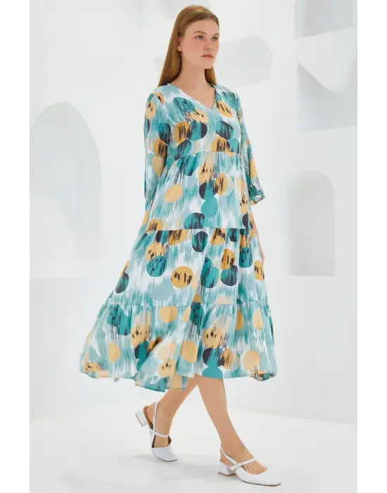 Mint Bej Desenli Kısa Kol Viskon Elbise 1959