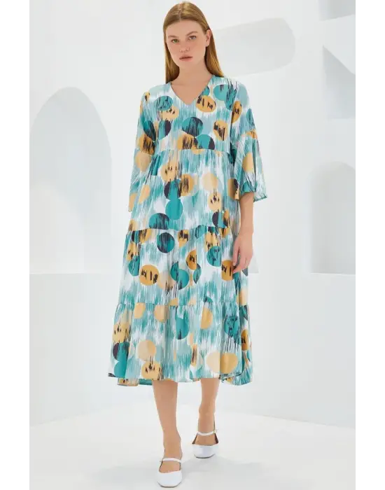 Mint Bej Desenli Kısa Kol Viskon Elbise 1959