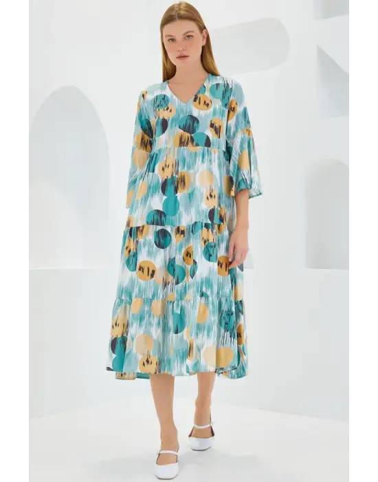 Mint Bej Desenli Kısa Kol Viskon Elbise 1959