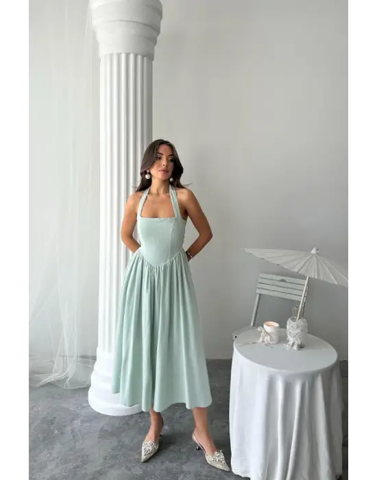 Mint Boyundan Bağlamalı Keten Elbise