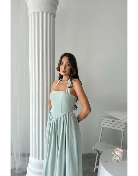 Mint Boyundan Bağlamalı Keten Elbise