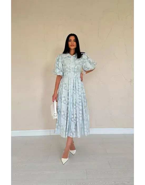 Mint Kemerli Balon Kollu Elbise