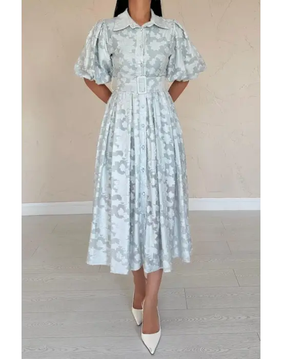 Mint Kemerli Balon Kollu Elbise