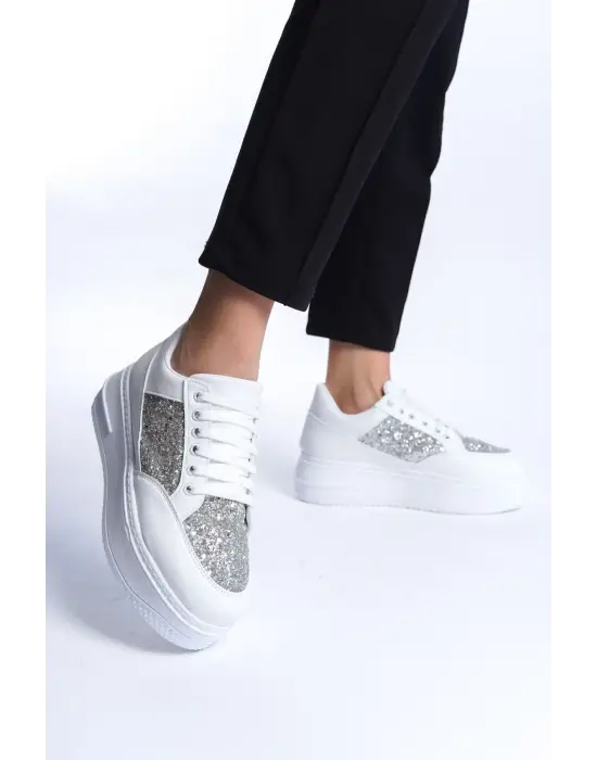 Spor Rahat Tabanlı Ayakkabı Tabaan Simli Kadın