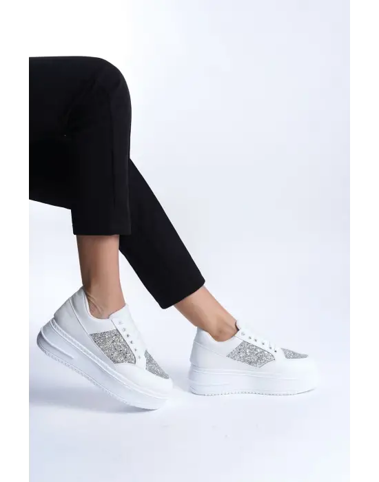 Spor Rahat Tabanlı Ayakkabı Tabaan Simli Kadın