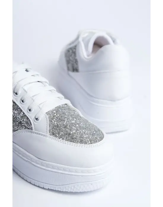 MIPA Bağcıklı Rahat tabanlı ayakkabı Tabaan Simli Bayan Spor tabanlı ayakkabı Spor Ayakkabı  CBT - Beyaz