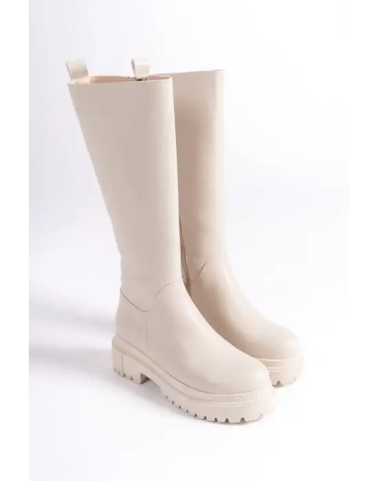 Omarı Fermuarlı Rahat Tabanlı Bayan Çizme - Krem