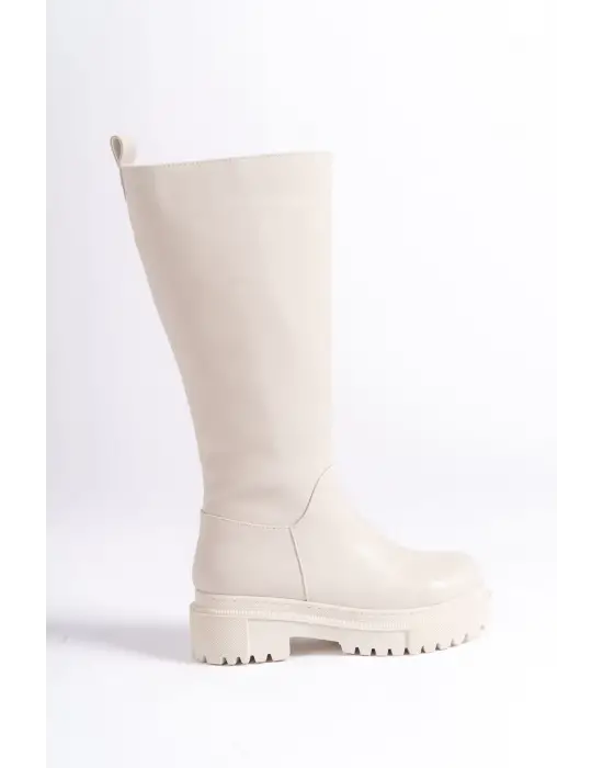 Omarı Fermuarlı Rahat Tabanlı Bayan Çizme - Krem