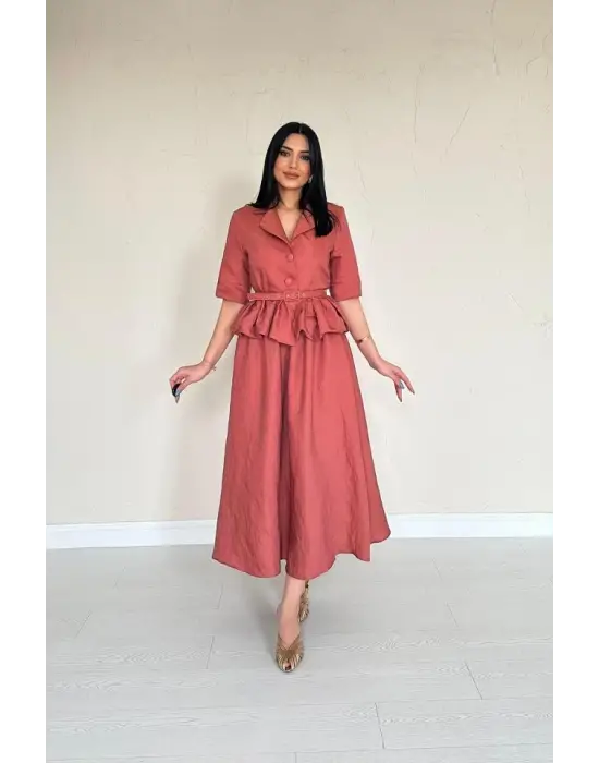 Moccah İnce Kemerli Fırfırlı Ceket Ve Büzgülü Etek Takım