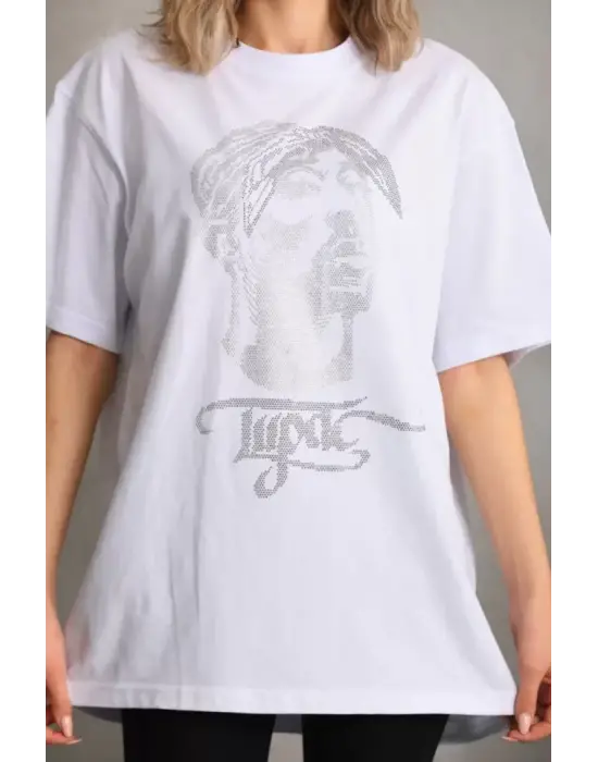 Omarı Büyük Beden Taş Desenli Beyaz T-Shirt