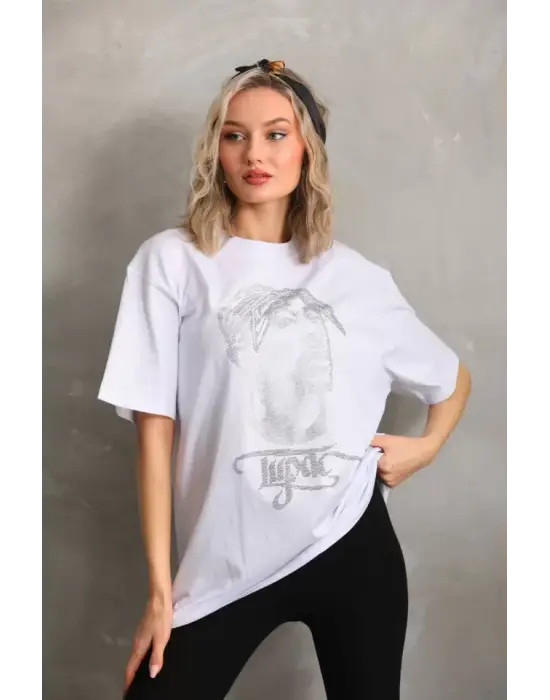 Omarı Büyük Beden Taş Desenli Beyaz T-Shirt