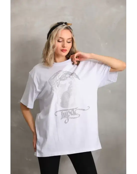 Omarı Büyük Beden Taş Desenli Beyaz T-Shirt
