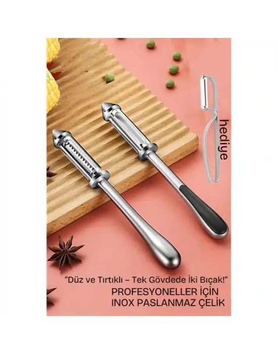 Modacar 2 Bıçaklı Inox Paslanmaz Çelik Sebze Soyacak | Düz ve Tırtıklı Bıçak | Çok Amaçlı Kullanım