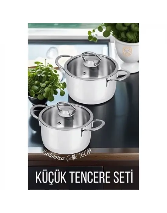Omarı Şık ve Dayanıklı 2li Paslanmaz Çelik Tencere Seti 16 cm