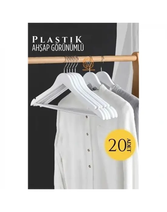 ModaCar Ahşap Görünüm Plastik Askı 20 ADET Beyaz