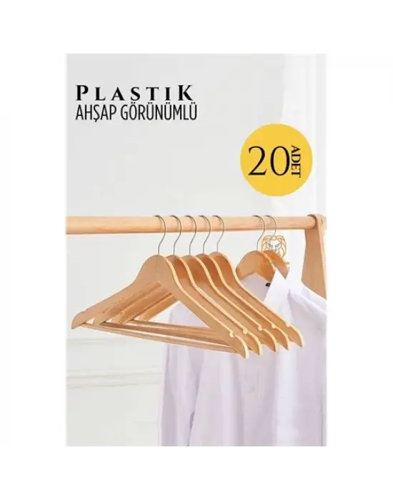 Omarı Ahşap Görünümlü Plastik Askı Seti - 20 Parça Krem Renkli