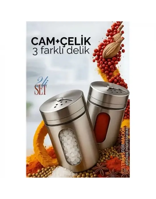 Omarı 3 Delikli Cam ve Çelik Tuzluk Biberlik Seti