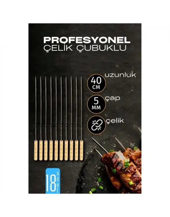 Omarı Pratik Ahşap Saplı Çelik Mangal Kebap Şişleri 18 Adet